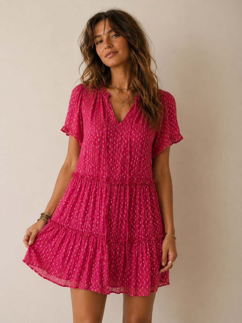 Victoria Dunn Tiered Mini Dress Size S Pink Gold Metallic